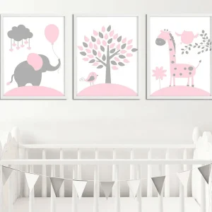 Affiches éléphant, oiseau et girafe