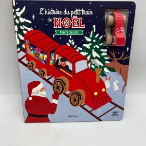 Livre de Noël L’histoire du petit Train de Noël avec sa locomotive en bois et 4 circuits Neuf