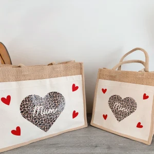 Sac en jute personnalisé cœur léopard – Mini ou Mom
