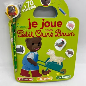Livre d’activité Magazine Je joue avec Petit ours brun jeux histoire stickers Neuf thème à la ferme ! Jeux activité stickers