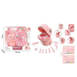 Tirelire Dinosaure Rose avec Set Soins Dentaires - Lumière et Son - Piles Incluses