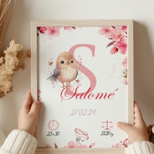 Affiche personnalisée, petit oiseau avec fleurs de cerisiers