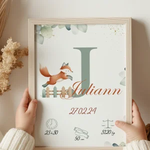 Affiche personnalisée, renard et son saut de barrière avec eucalyptus