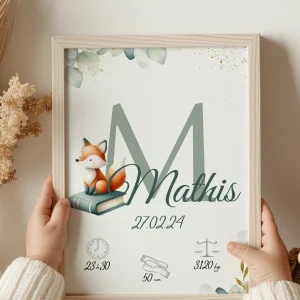 Affiche personnalisée, renard posé sur son livre avec eucalyptus