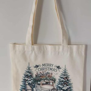 Tote bag “Route vers Noël” – Voiture vintage, sapins & lapins