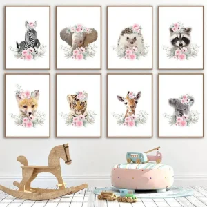 Affiche bébés animaux fleurs