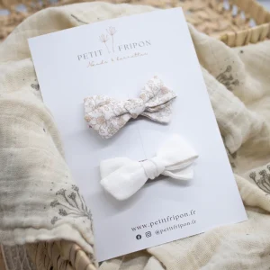 Duo de noeuds- fleurs beige lin blanc