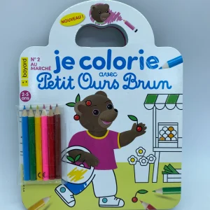 Magazine livre d’activité Je colorie avec  Petit Ours brun avec ses crayons de couleurs  thème au marché Neuf