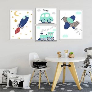 Affiches fusée, avion, voiture et train