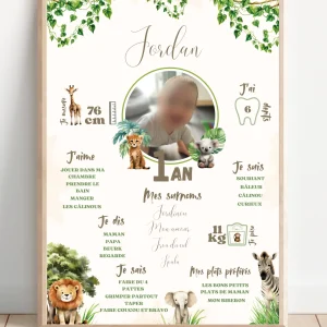 Affiche personnalisée anniversaire, baptême, informations de l'enfant thème jungle,savane