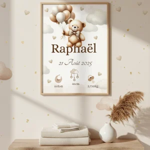 Affiche de naissance personnalisée " ourson avec des ballons " chambre déco enfant