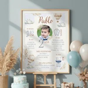 Affiche personnalisée anniversaire " dans les airs " nuage, montgolfière, bleu,