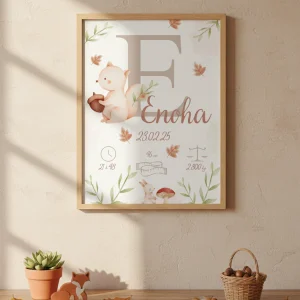 Affiche personnalisée, thème nature, animaux de la forêt, écureuil " déco murale chambre enfant