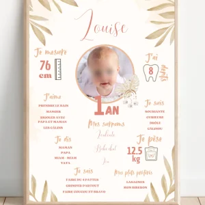 Affiche personnalisée anniversaire, baptême, informations de l'enfant thème boho