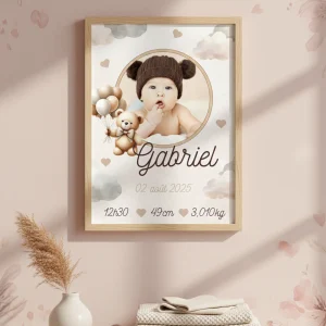 Affiche de naissance avec photo ourson déco chambre enfant